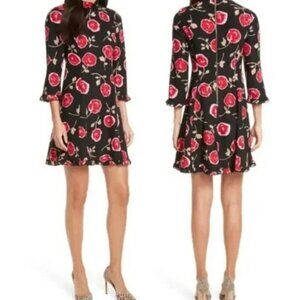 Kate Spade Hazy Rose Floral Midi Dress Ruffle Neck A-Line Red Black Size 8